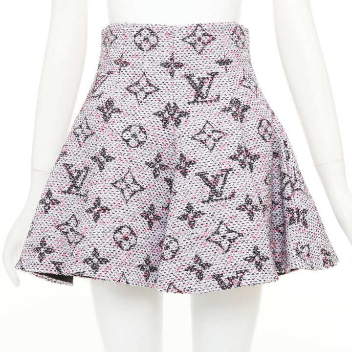 LOUIS VUITTON Monogram Tweed Pleated Circle pink black flared skirt FR34 XXS