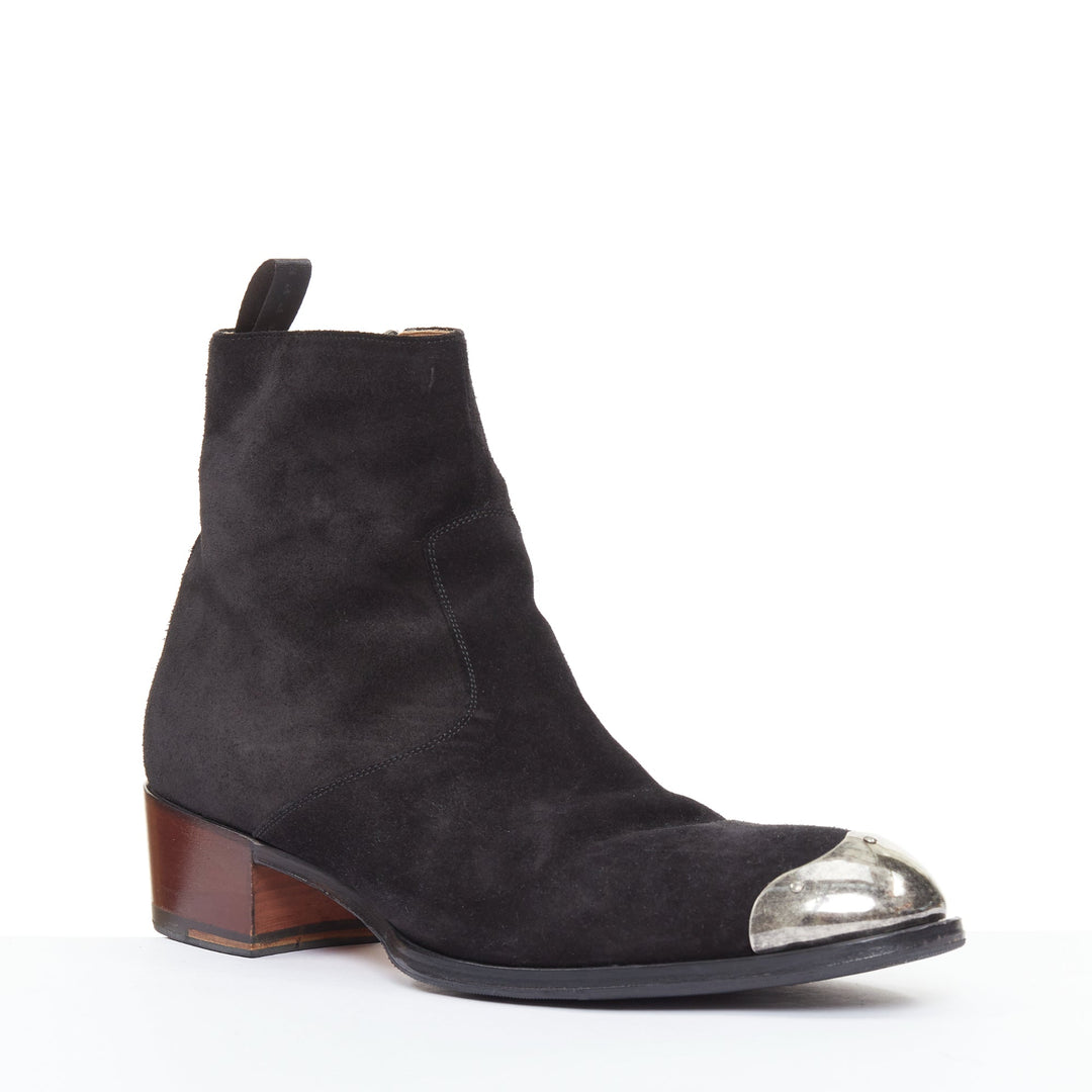 GIUSEPPE ZANOTTI Sheldon black suede silver metal toe cap  ankle boots EU44