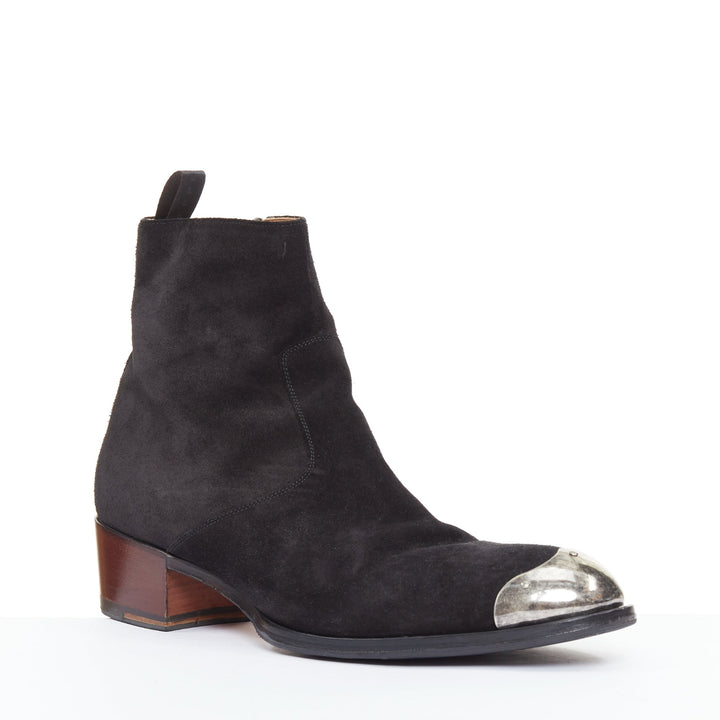GIUSEPPE ZANOTTI Sheldon black suede silver metal toe cap  ankle boots EU44