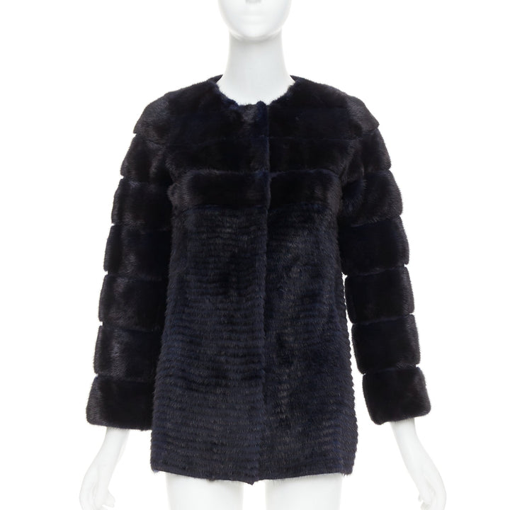 YVES SALOMON KIDS black navy horizontal mink fur work collarless coat Y12
