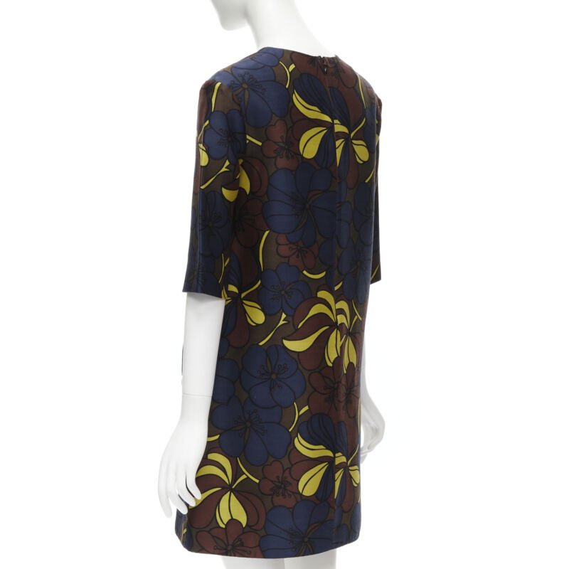 MARNI floral print wool silk crepe patch pocket boxy A-line dress IT38 XS