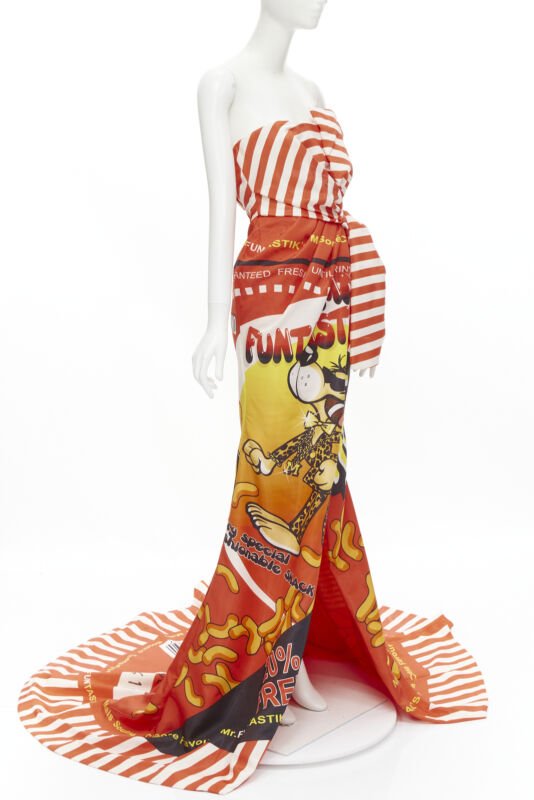 rare MOSCHINO Couture! 2014 Runway orange Cheetos Junk Food bow gown IT38 XS