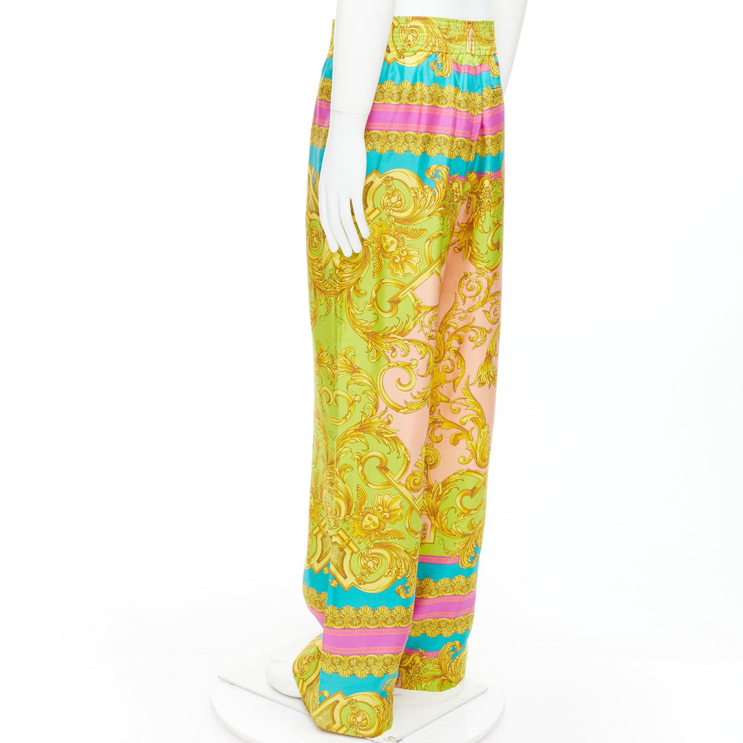 VERSACE Barocco Goddess 100% silk twill graphic print wide leg pants EU48 M