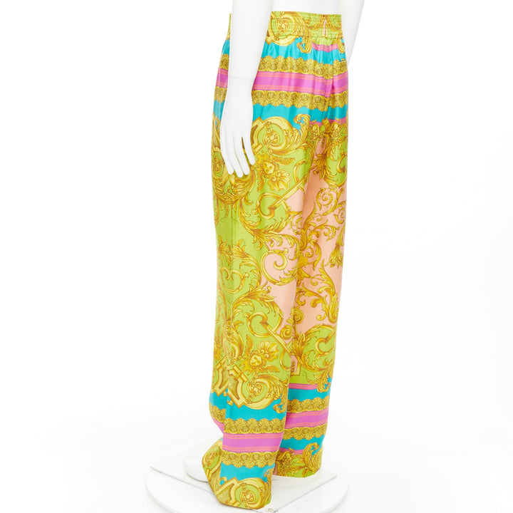 VERSACE Barocco Goddess 100% silk twill graphic print wide leg pants EU48 M