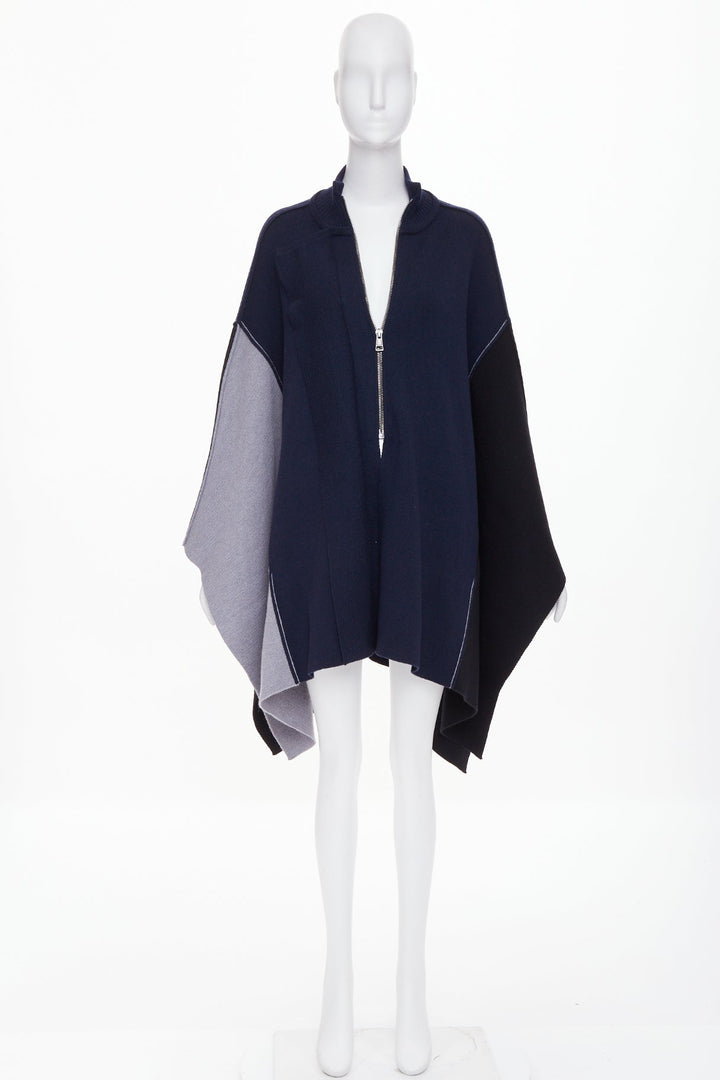 CHLOE 2019 navy black grey colorblock visible stitch zip up knit wool poncho M