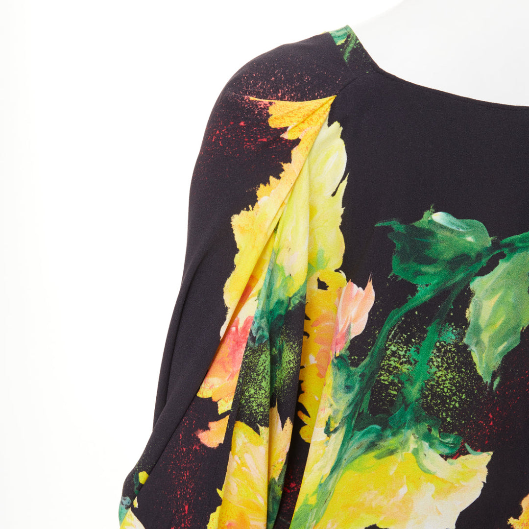ESCADA graphic floral yellow orange black viscose dolman sleeve dress FR42 XL