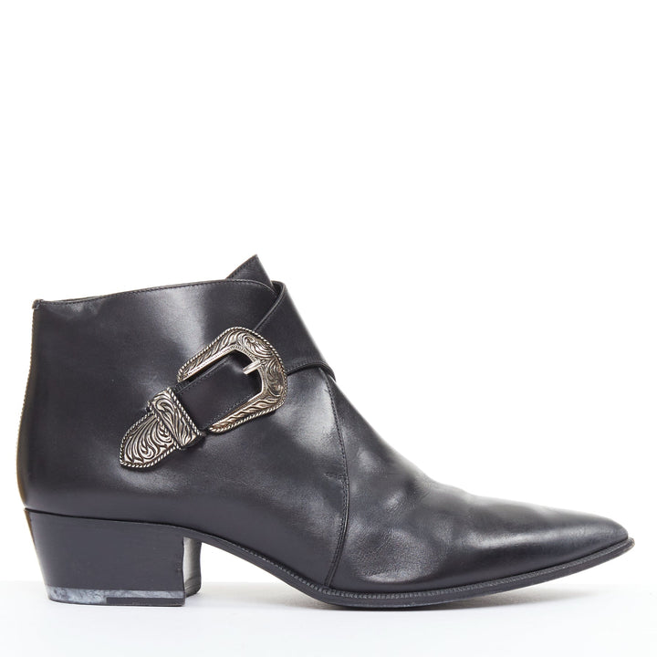 SAINT LAURENT Hedi Slimane silver western buckle heeled Chelsea booties EU38.5