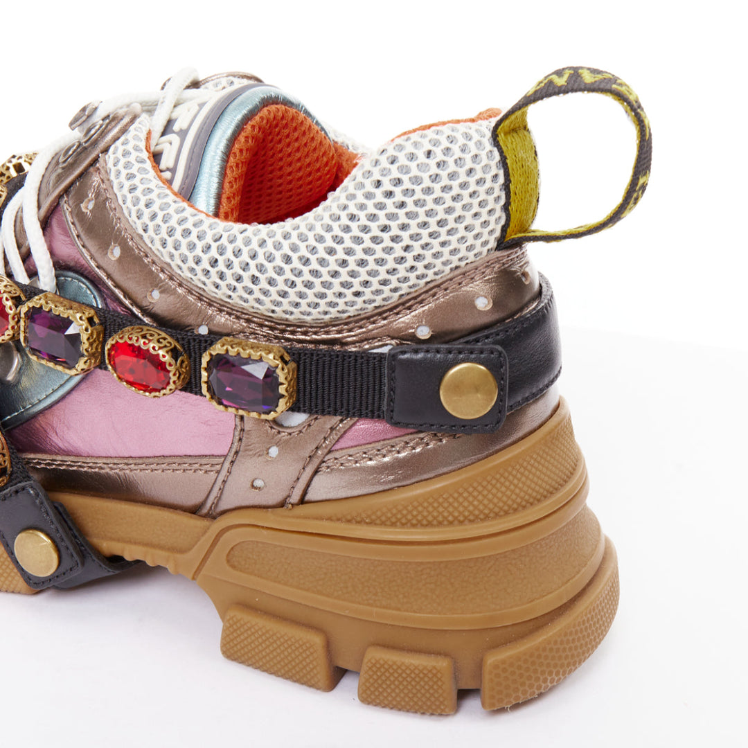 GUCCI Flashtrek pink blue metallic leather crystal harness dad sneakers EU37