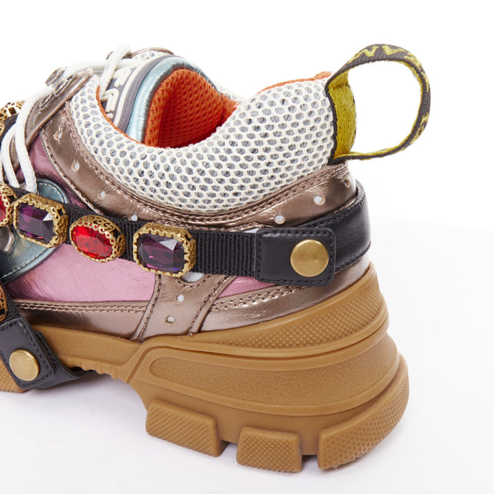 GUCCI Flashtrek pink blue metallic leather crystal harness dad sneakers EU37