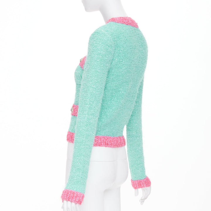 BALMAIN 2024 green pink boucle lurex buttoned knit cardigan FR34 XS