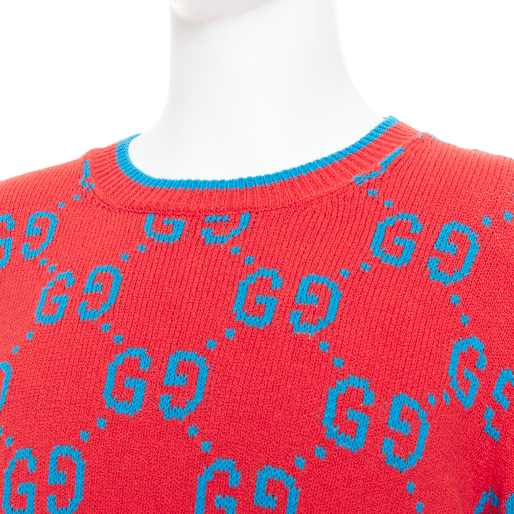 GUCCI red blue cotton blend GG monogram intarsia sweater XL