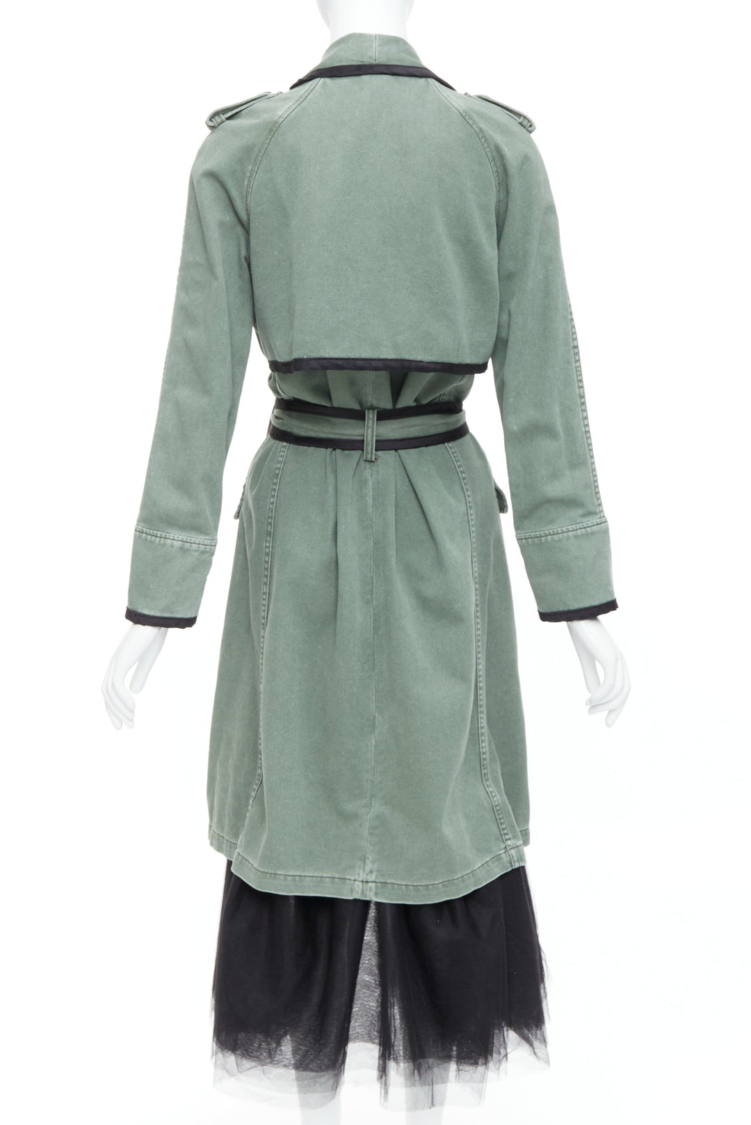 LE SUPERBE green washed cotton black tulle hem tie belt coat US0 XS