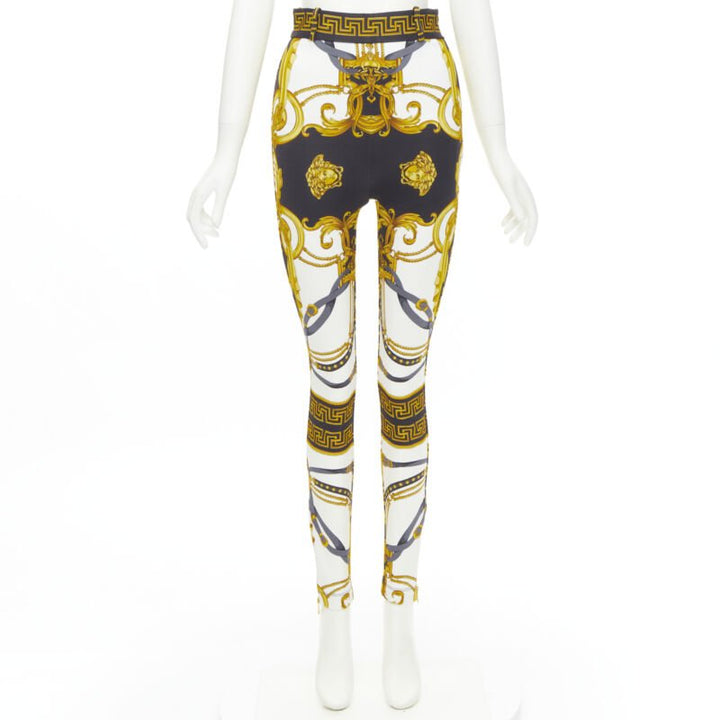 VERSACE Rodeo Barocco black gold baroque harness legging pants IT40 S