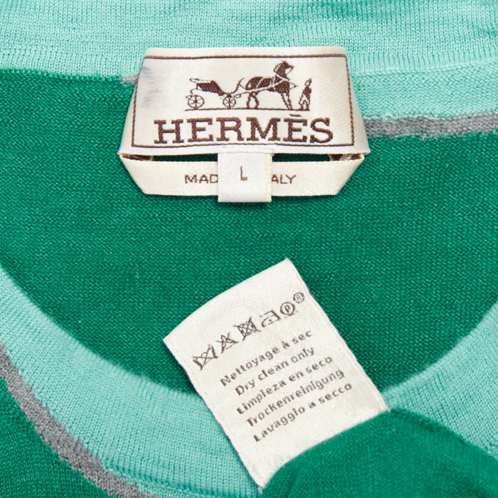 HERMES cashmere silk blend green blue border trompe loeil crewneck sweater
