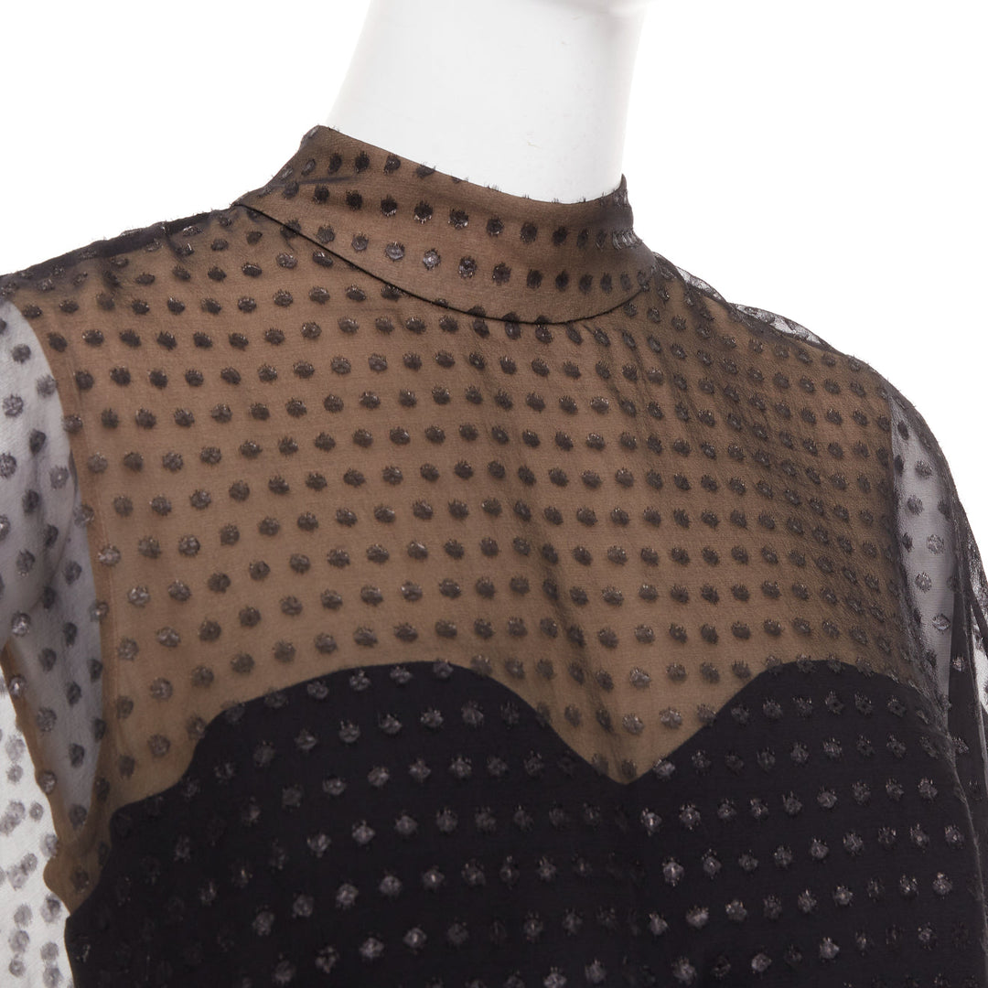 SAINT LAURENT 2014 black polka dot lurex semi sheer bow belt silk dress FR36 XS