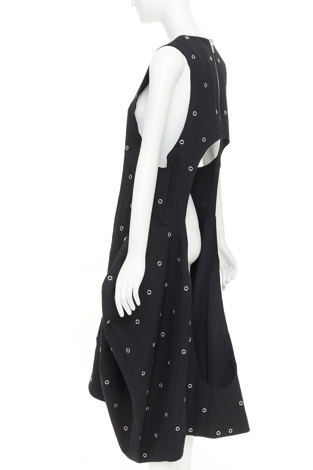 rare COMME DES GARCONS 2019 Runway wool silver grommet cut out pannier dress S
