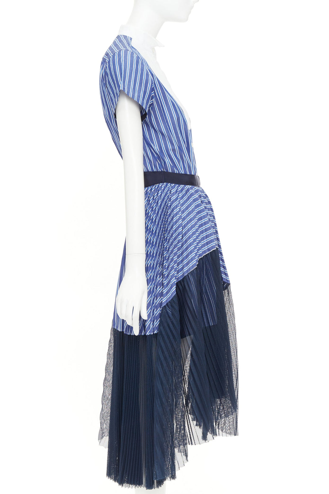 SACAI 2018 blue white navy striped bib front pleated mesh hem hybrid dress JP1 S
