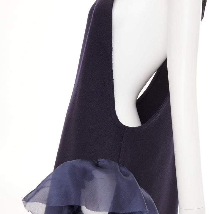 ROBERTS WOOD navy wool felt silk ruffle asymmetric shift dress S