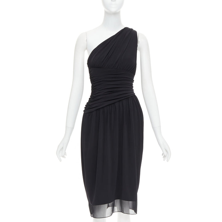 VERA WANG Vintage black one shoulder ruched waist silk lined dress US2 S