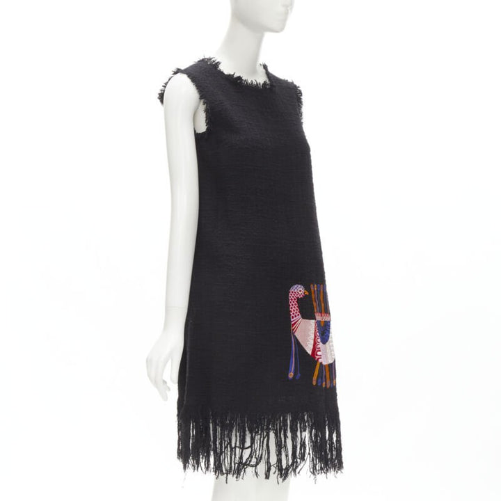 MSGM tweed ethnic bird embroidery fringe hem little black dress IT40 S