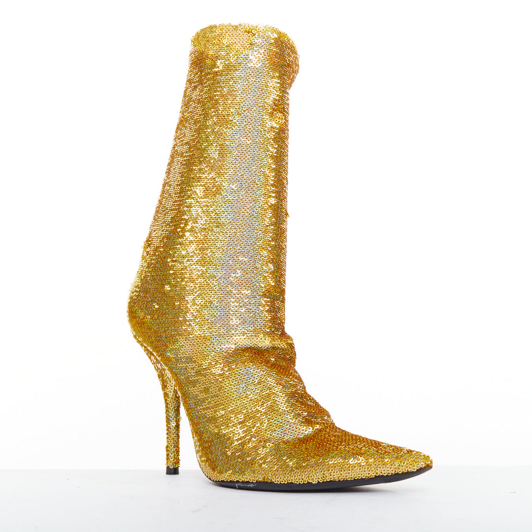 BALENCIAGA Demna Knife gold holographic sequins point toe sock ankle boots EU36