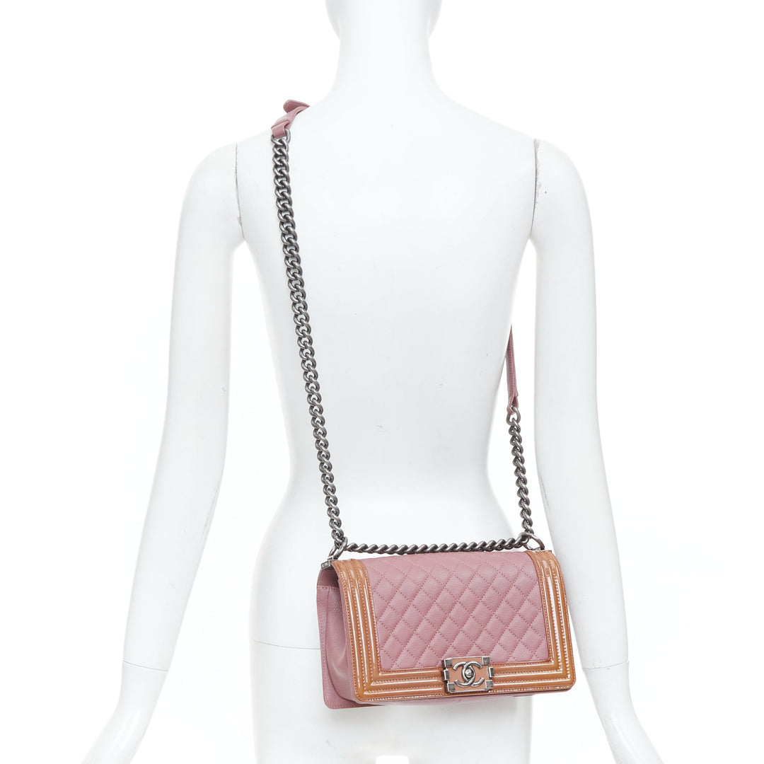 CHANEL Duo Boy Flap pink lambskin beige patent leather small shoulder bag