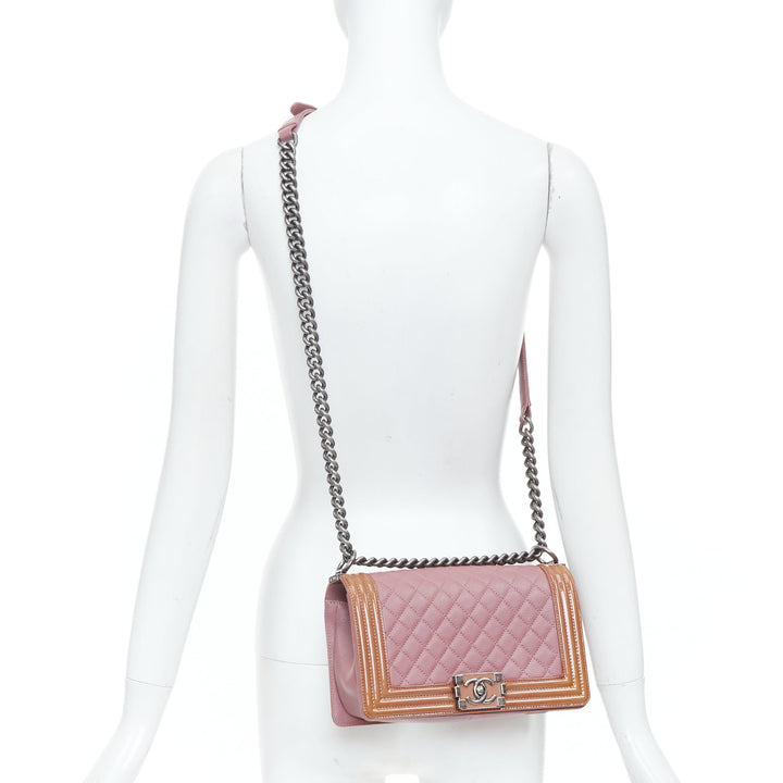 CHANEL Duo Boy Flap pink lambskin beige patent leather small shoulder bag