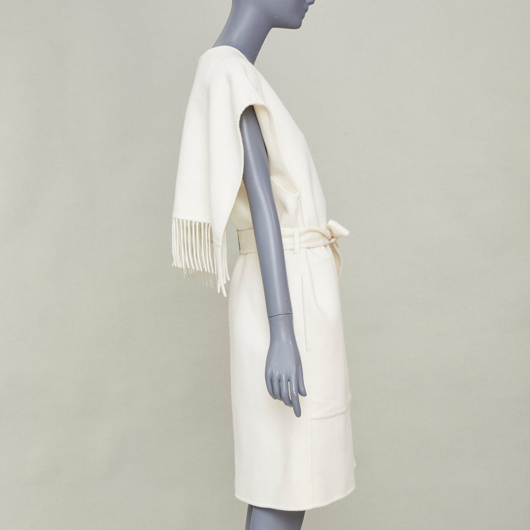 ERMES ivory 100% double face cashmere open cap sleeve belted robe coat FR36 S