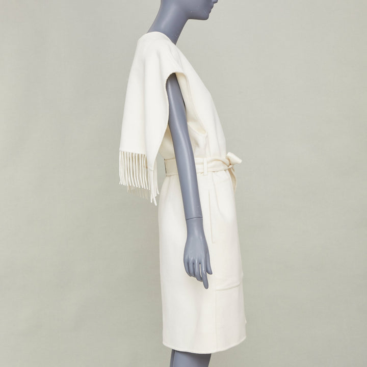 ERMES ivory 100% double face cashmere open cap sleeve belted robe coat FR36 S