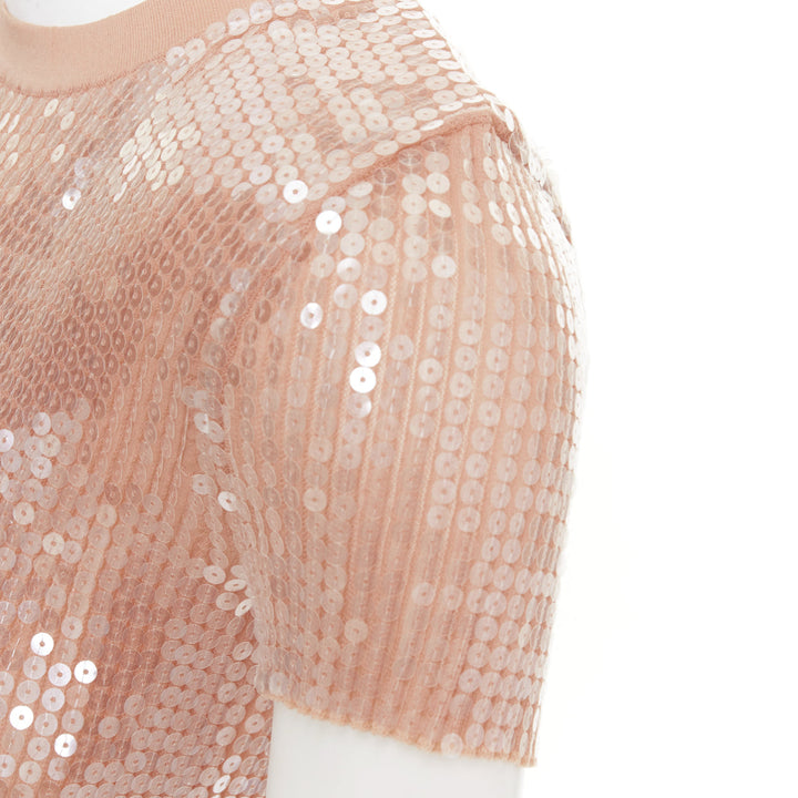 ALEXANDER WANG 2023 Sequin Ribbed nude beige clear sequins cropped sweater XS