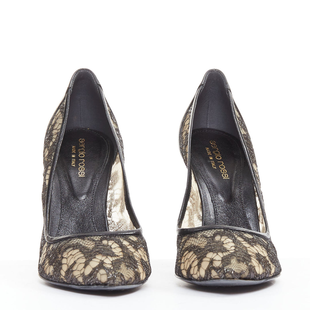 SERGIO ROSSI black leather floral lace spool heel pumps EU37.5