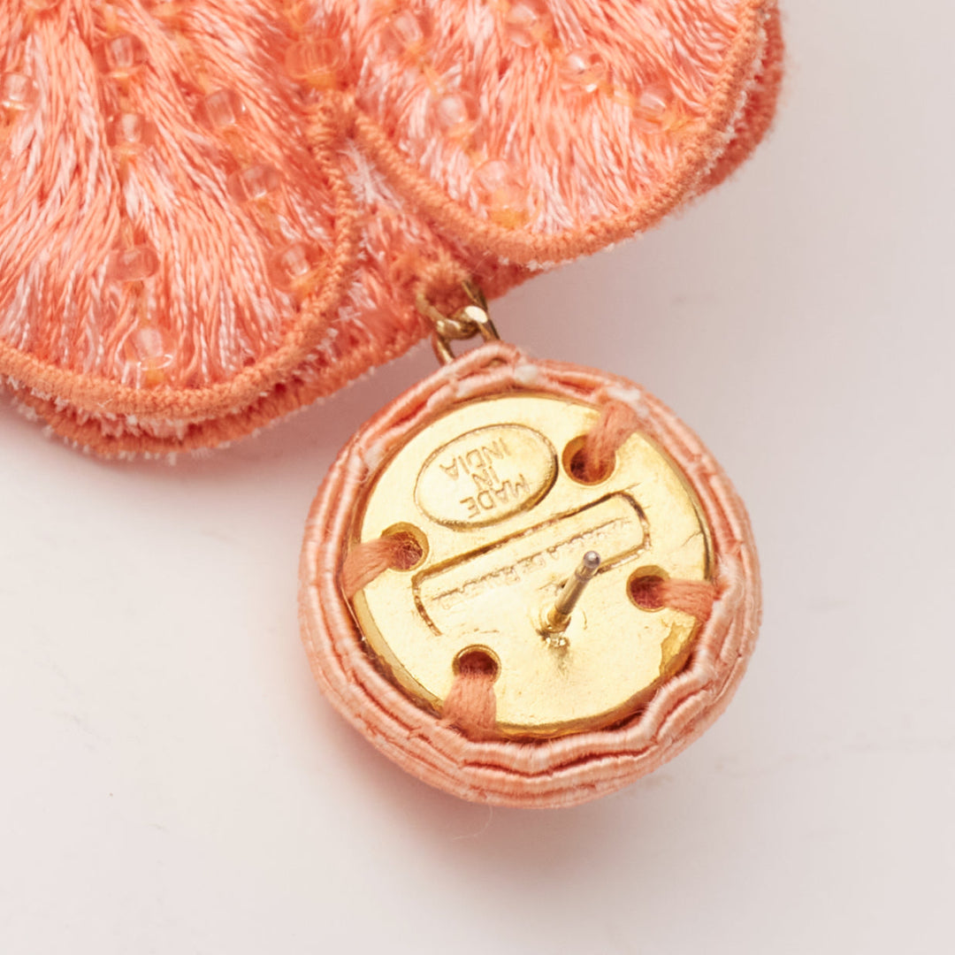 REBECCA DE RAVENEL peach pink floral beaded applique drop pin earrings
