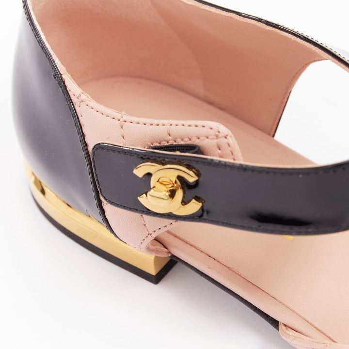 CHANEL 2022 pink quilted leather  black patent turnlock CC mary-janes EU39.5