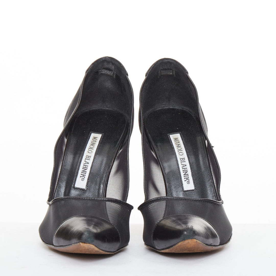 MANOLO BLAHNIK Capcour 90 black sheer mesh leather cap toe stiletto pumps EU37