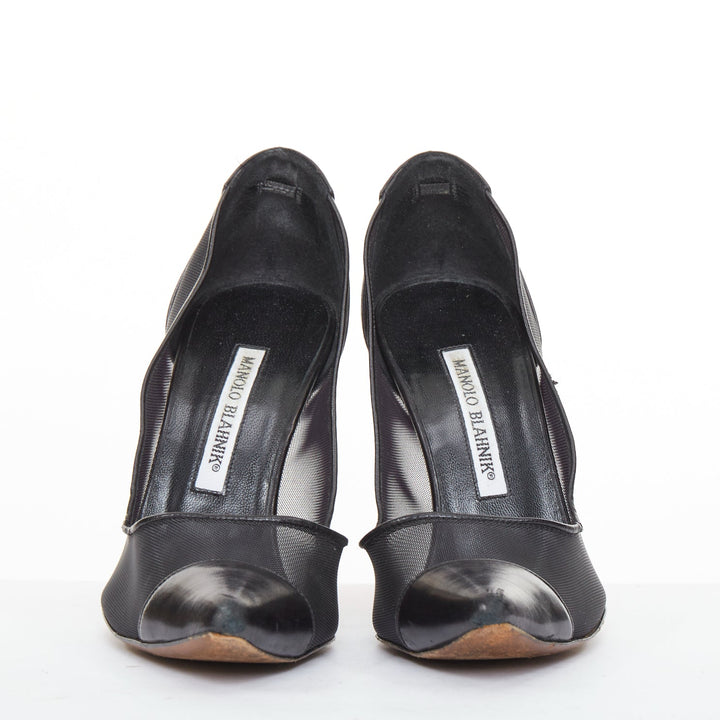 MANOLO BLAHNIK Capcour 90 black sheer mesh leather cap toe stiletto pumps EU37