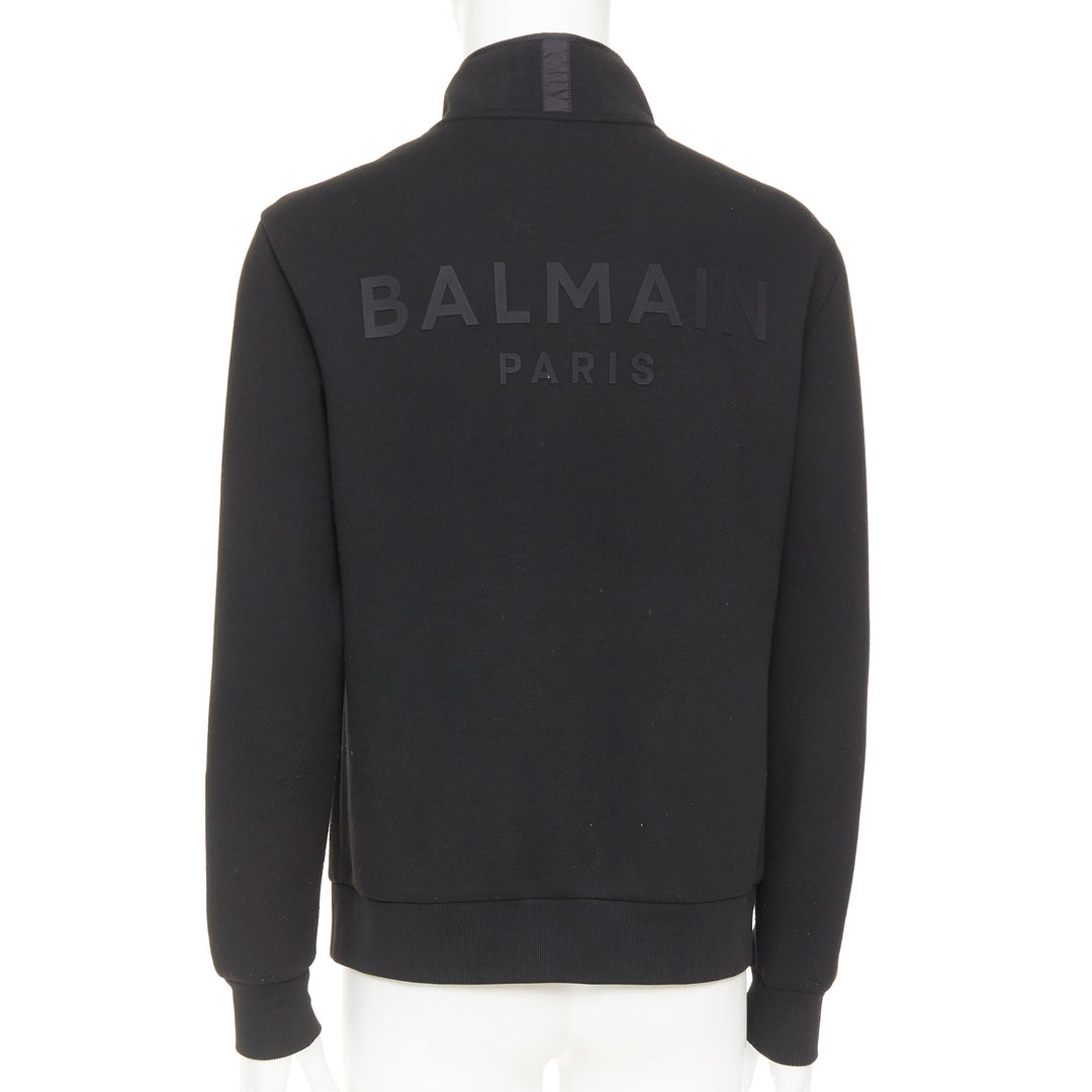 BALMAIN black mixed quilted puffer logo neoprene sleeves zip up jacket EU50 L
