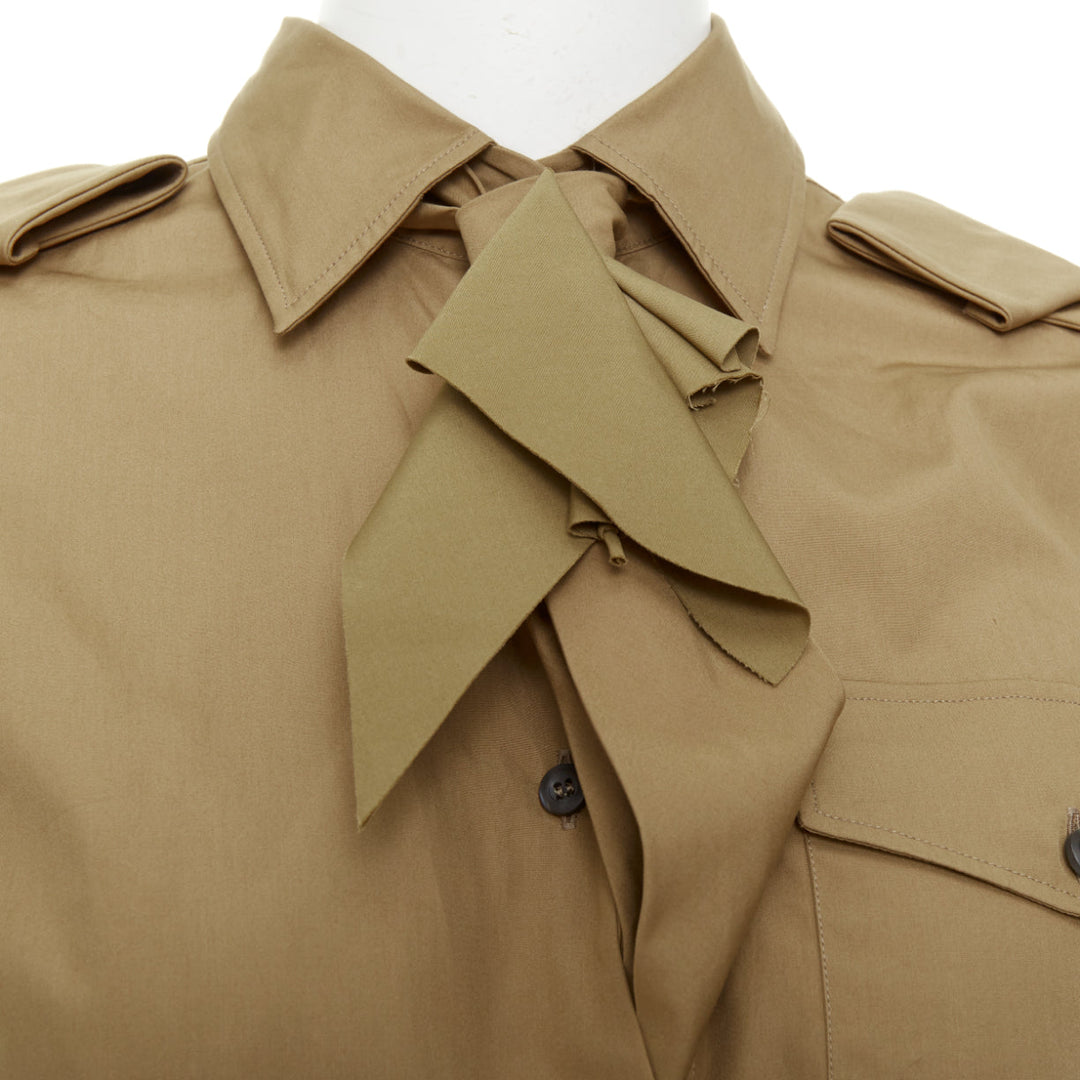 PRADA 2023 Runway brown poplin necktie safari utility shirt trail gown IT38 XS