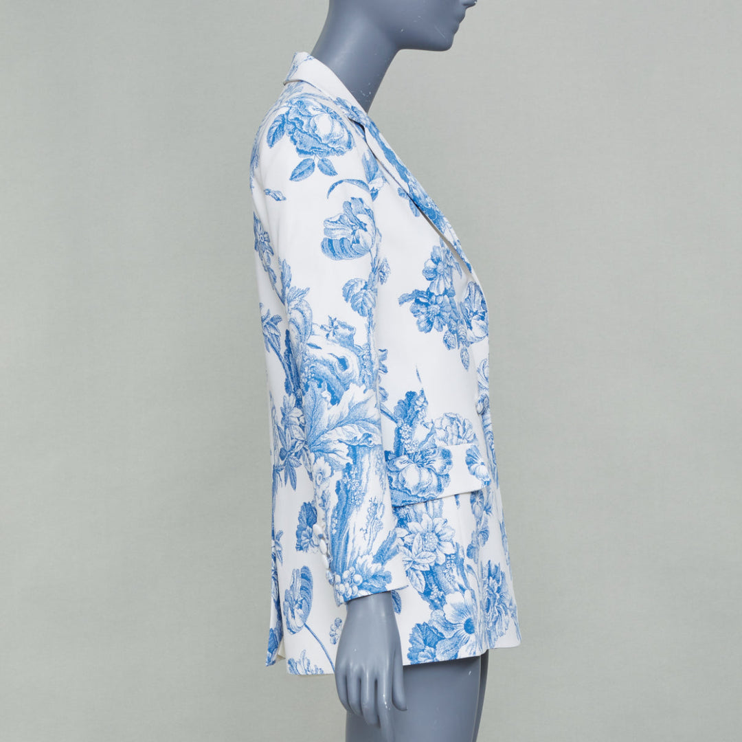 OSCAR DE LA RENTA R19 ivory blue floral toile silk blend blazer jacket US0 XS