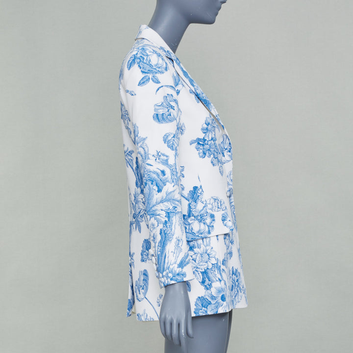 OSCAR DE LA RENTA R19 ivory blue floral toile silk blend blazer jacket US0 XS
