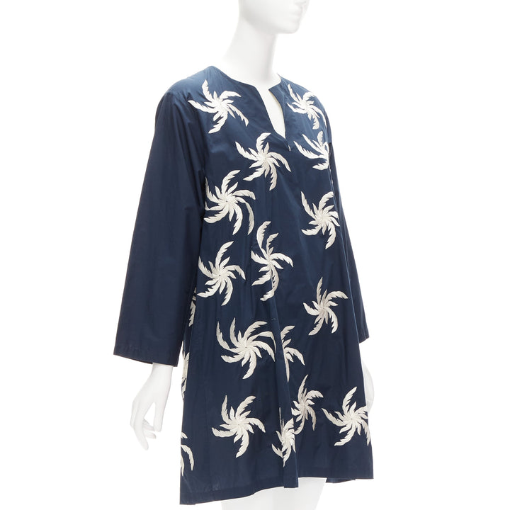 DRIES VAN NOTEN navy white 100% cotton floral embroidery boxy dress XS