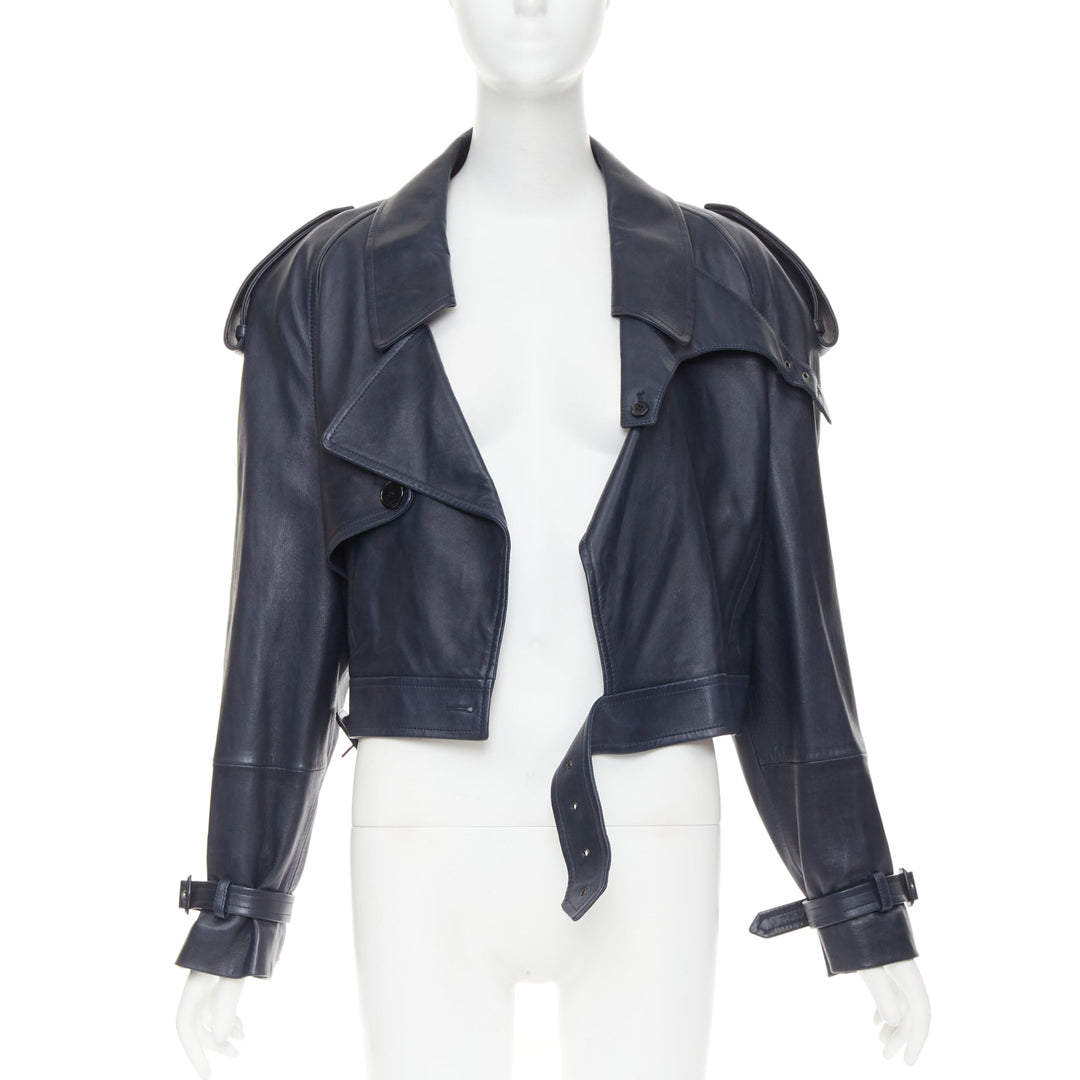 SAINT LAURENT 2023 Runway navy blue lambskin Power belted cropped biker jacket