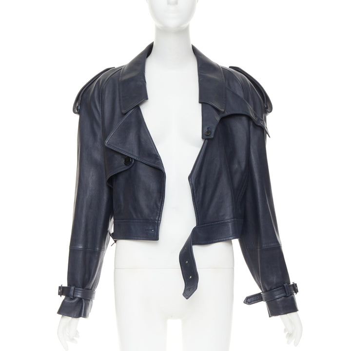SAINT LAURENT 2023 Runway navy blue lambskin Power belted cropped biker jacket