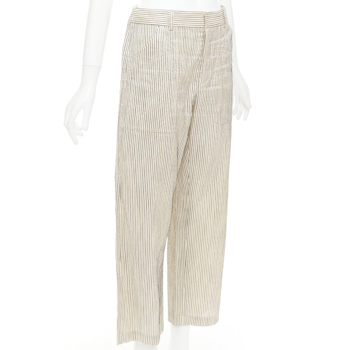 CHRISTIAN DIOR beige navy silk cotton striped cropped wide pants FR36 S