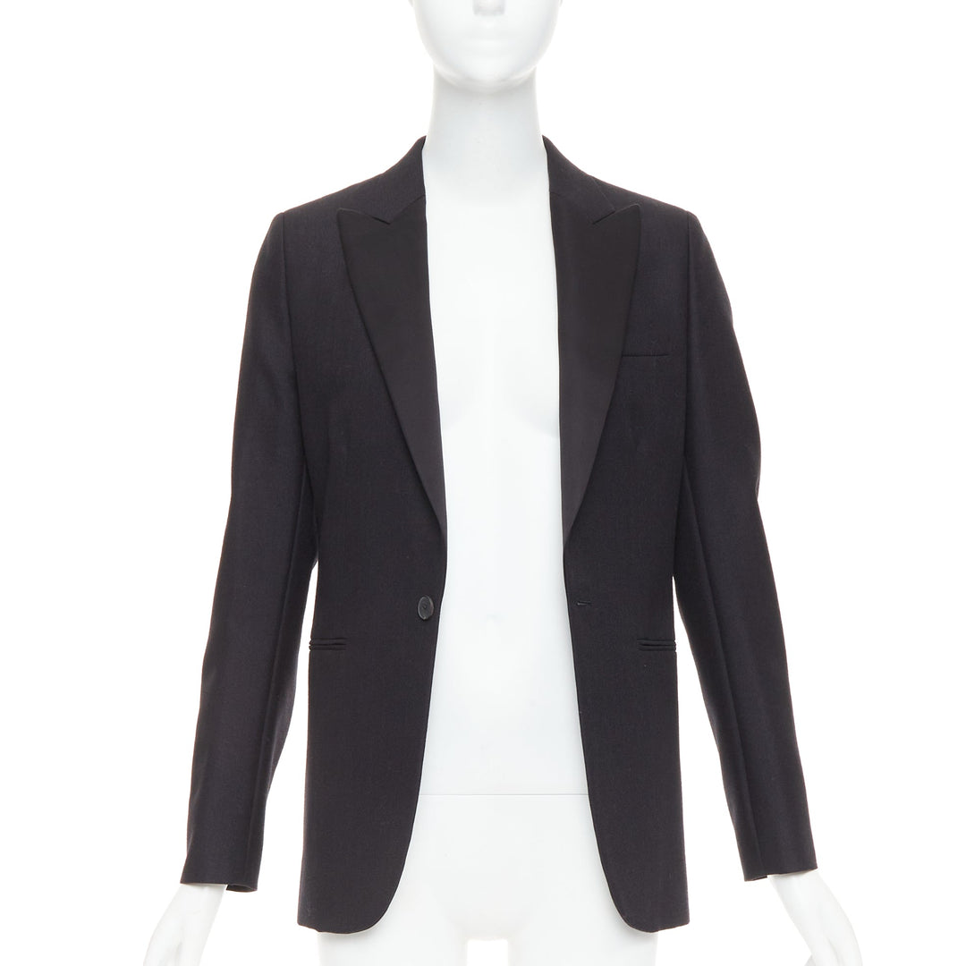 CHRISTIAN DIOR black wool mohair boxy peak collar tux jacket FR36
