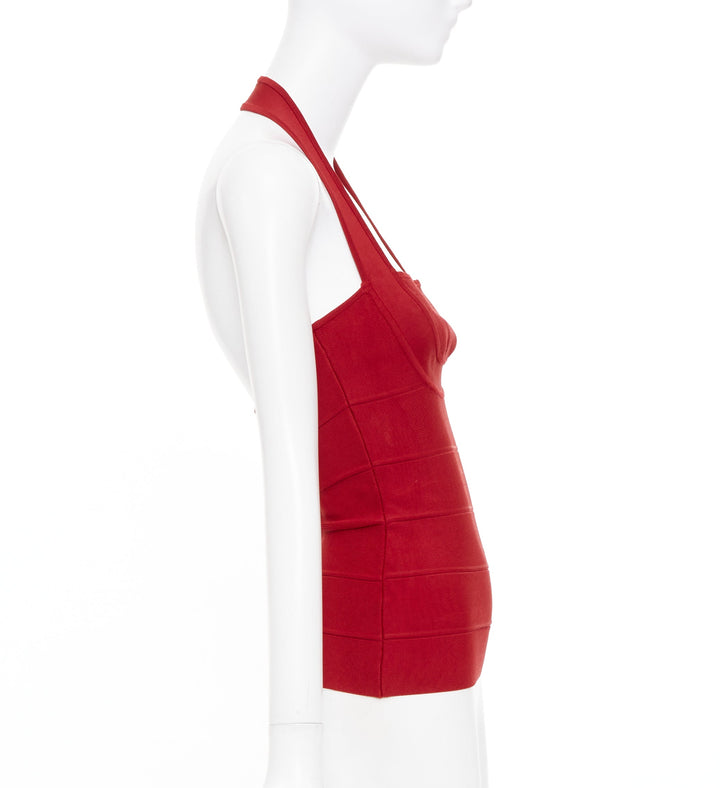 HERVE LEGER red halter neck structured bodycon bandage tank top XS
