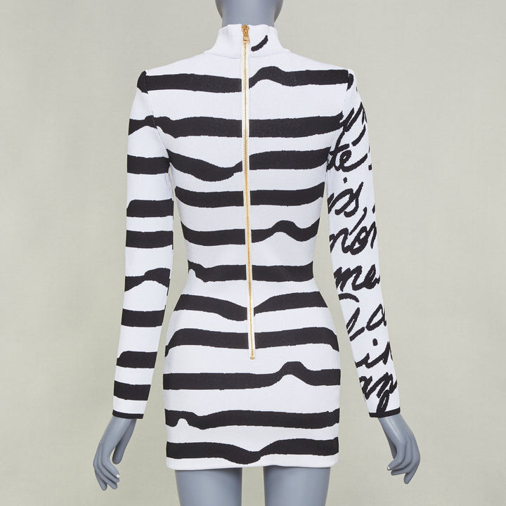 BALMAIN white black script stripe jacquard mock neck knit zip dress FR34 XXS