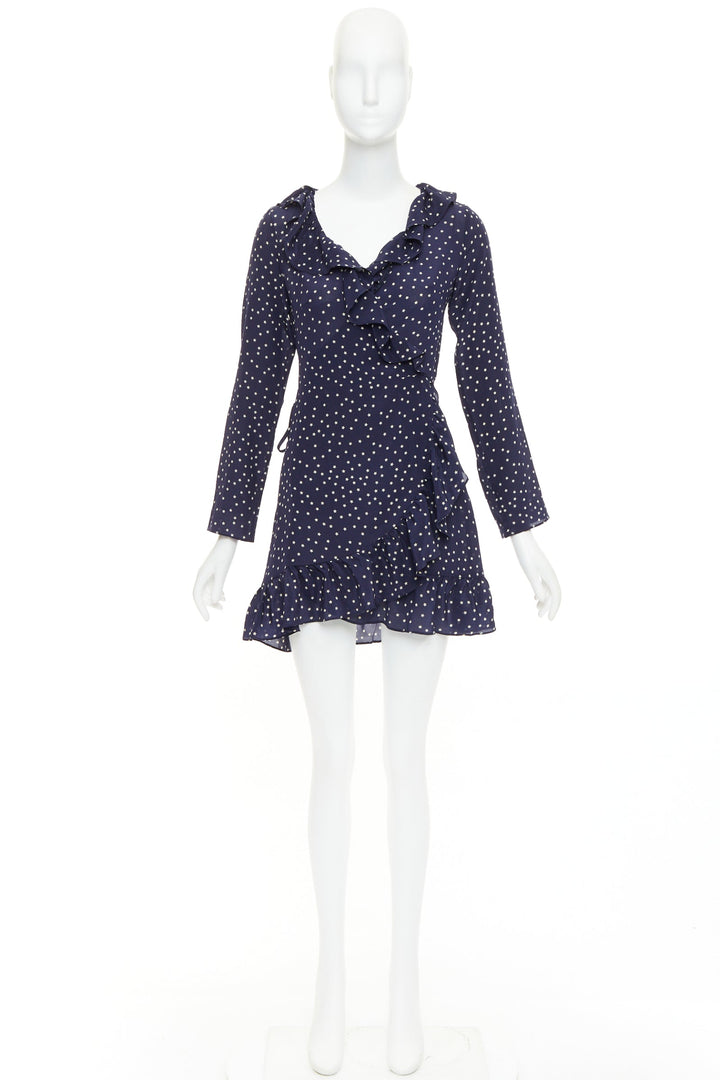REALISATION Alexandra 100% silk navy white star print wrap tie mini dress S