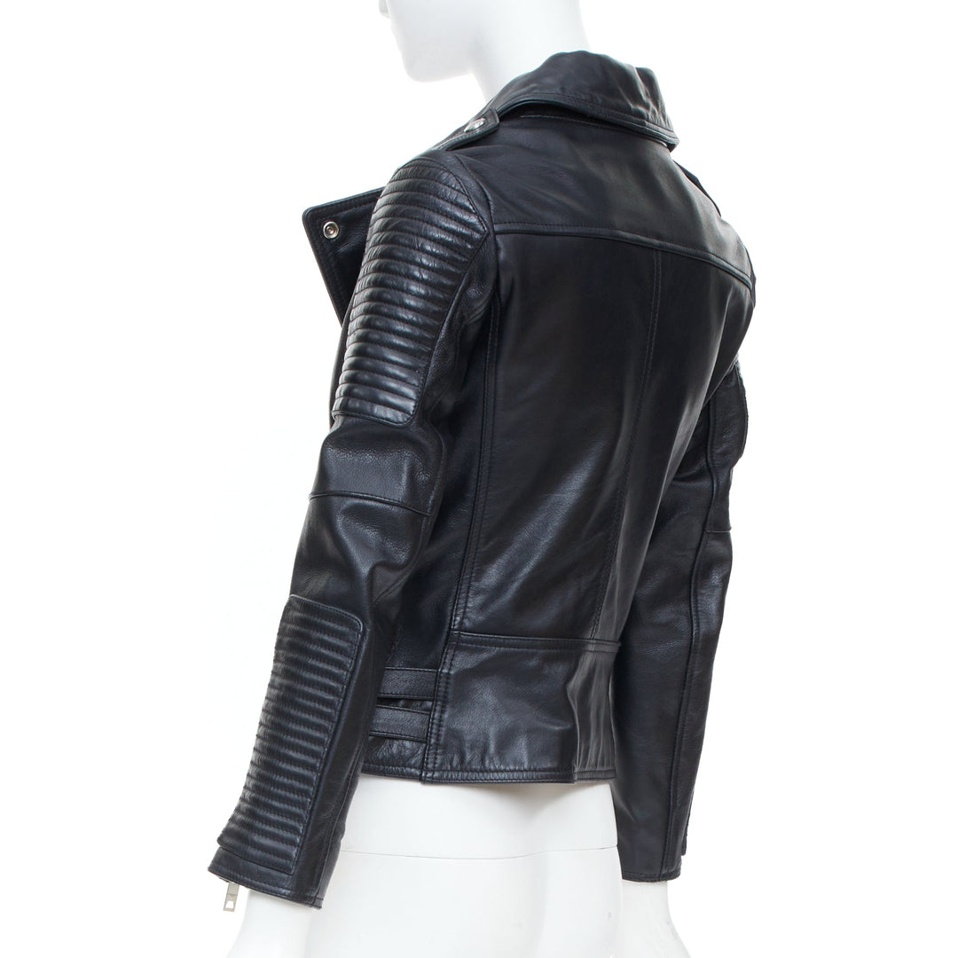 BURBERRY BRIT 2015 Loseley ribbed black cow grain leather moto jacket IT38 XS