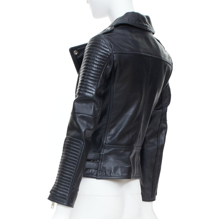BURBERRY BRIT 2015 Loseley ribbed black cow grain leather moto jacket IT38 XS