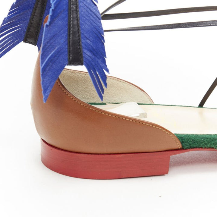 CHRISIAN LOUBOUTIN brown tribal leather feather wraparound bellet flats EU38